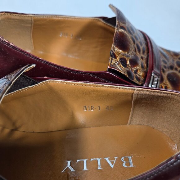 Vintage BALLY Rockabilly Red Wine Patent Leather Brown Crocodile Loafers Size 9. - Picture 16 of 17